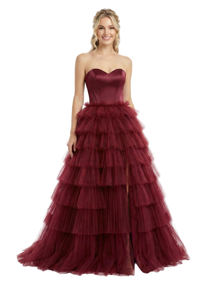 ChicSew Fancy Tiered Tulle Prom Dresses Strapless Sweetheart A-Line Ball Gown