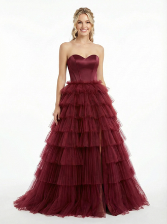Strapless Sweetheart A Line Side Slit Long Party Ball Gown Prom Dresses