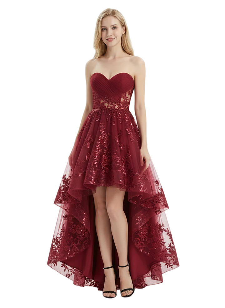 ChicSew Unique Sweetheart High-Low Tulle Prom Dresses With Sequined Lace Applique