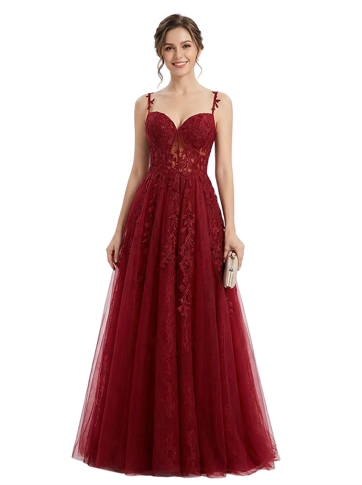 ChicSew Beautiful Floral Lace Applique Spaghetti Straps A-Line Prom Gowns