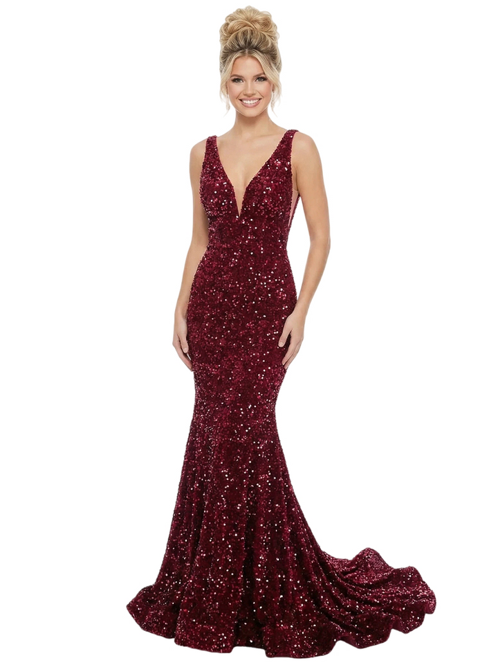 ChicSew Sparkling Sequin Mermaid Prom Dresses With Deep V-Neck Open Back Gowns