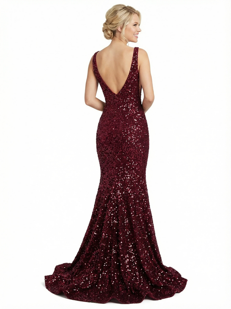 Sparkly Sequin V-neck Mermaid Long Party Prom Dresses For Graduation