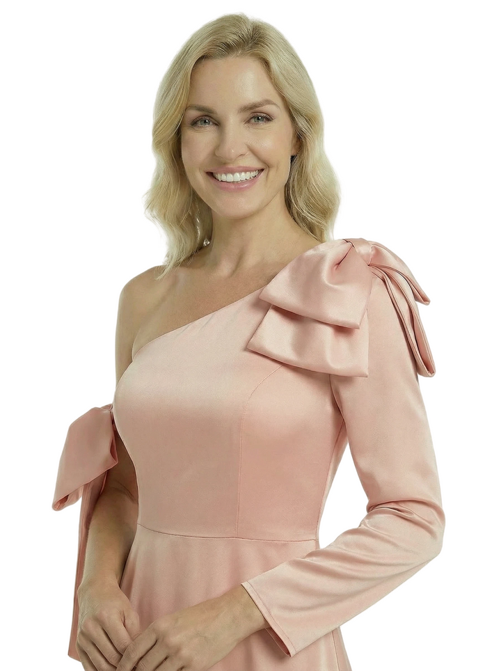 Unique One Shoulder Long Sleeve Mother Of The Groom Dress Satin A-Line Ankle-Length Gown