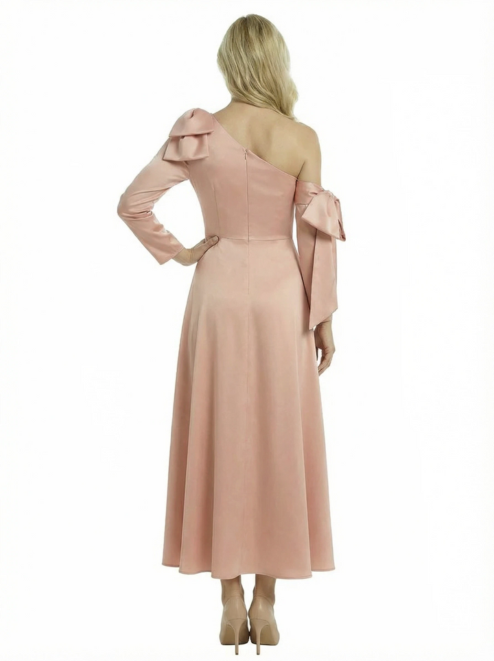 Unique One Shoulder Long Sleeve Mother Of The Groom Dress Satin A-Line Ankle-Length Gown