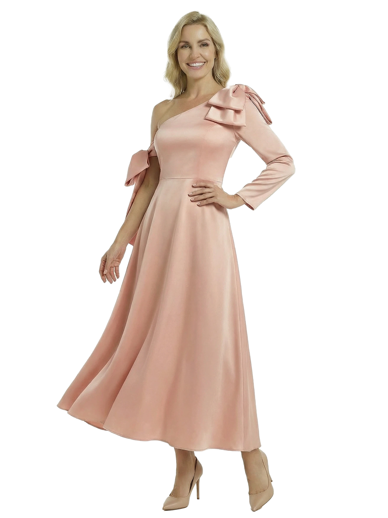Unique One Shoulder Long Sleeve Mother Of The Groom Dress Satin A-Line Ankle-Length Gown