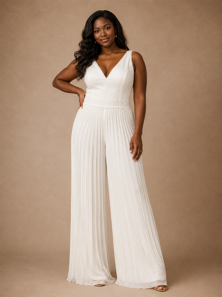 ChicSew Unique Pleated Chiffon V-Neck Floor-Length Long Wedding Jumpsuit
