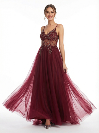 Elegant Cutout Beaded A Line Tulle Long Party Prom Dresses