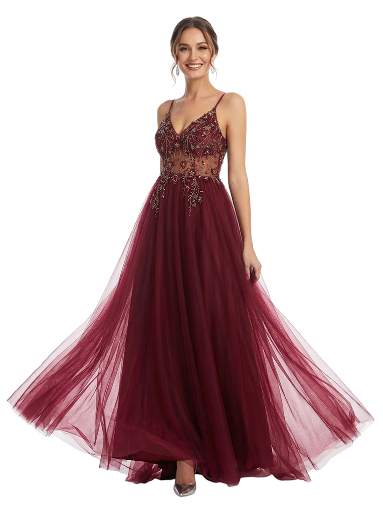 Elegant Cutout Beaded A Line Tulle Long Party Prom Dresses