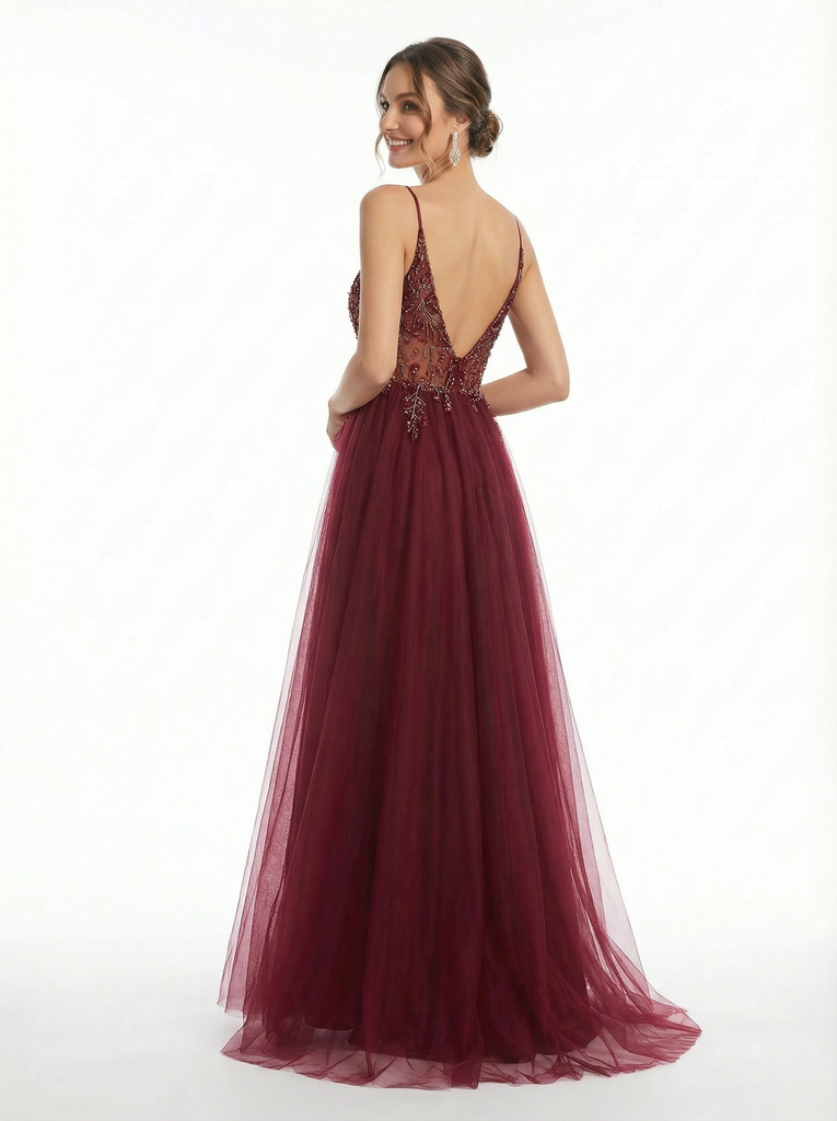 Elegant Cutout Beaded A Line Tulle Long Party Prom Dresses