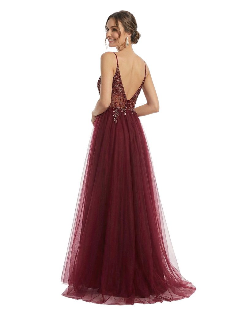 Elegant Cutout Beaded A Line Tulle Long Party Prom Dresses