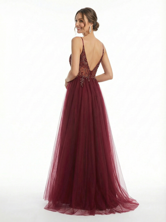 Elegant Cutout Beaded A Line Tulle Long Party Prom Dresses