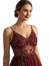 Elegant Cutout Beaded A Line Tulle Long Party Prom Dresses