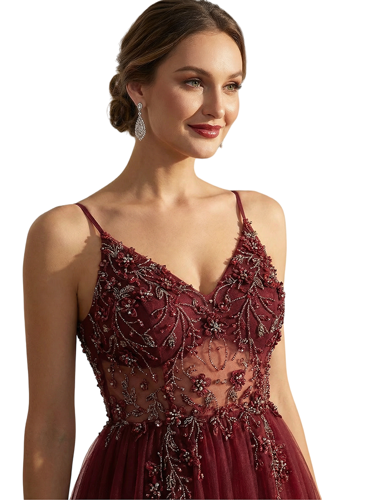 Elegant Cutout Beaded A Line Tulle Long Party Prom Dresses