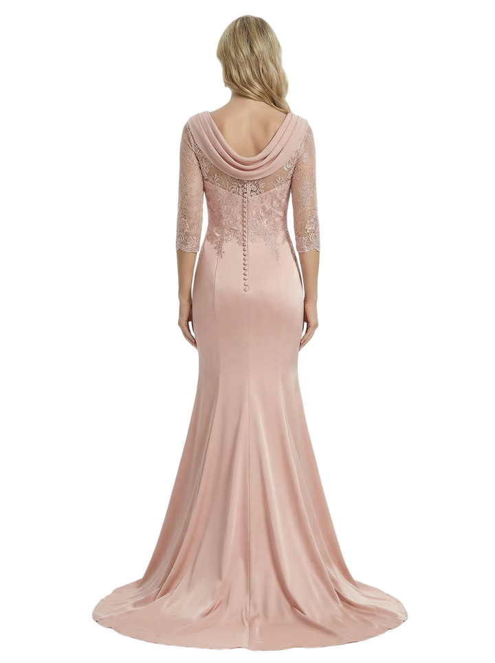Chicsew Mother of The Bride Dress Satin Cowl 3/4 Sleeve Lace Trumpet Maxi Gown Beautiful Timeless Look