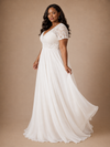 ChicSew Elegant V-Neck Lace Applique Chiffon Short Sleeves A-Line Floor-Length Wedding Dress