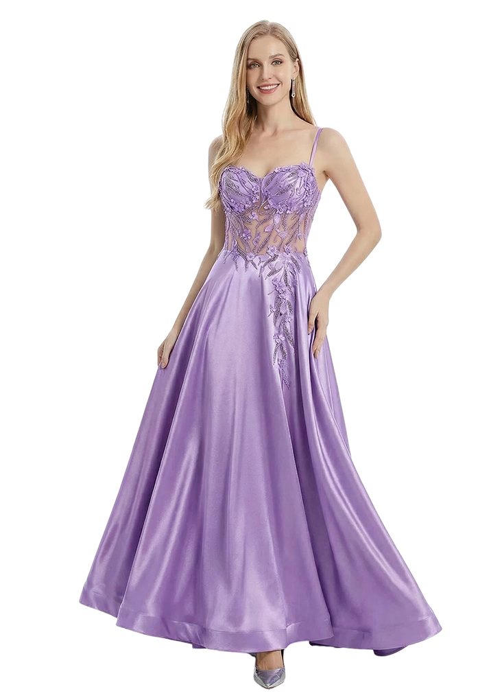 ChicSew Modern Spaghetti Straps Satin Lace See Through A-Line Evening Prom Dresses