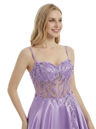 ChicSew Modern Spaghetti Straps Satin Lace See Through A-Line Evening Prom Dresses