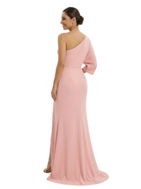 Chicsew Modern Mother of The Bride Dress One Shoulder Half Sleeve Fitted Floor Length Satin with Beaded Classy Elegant Formal Gown
