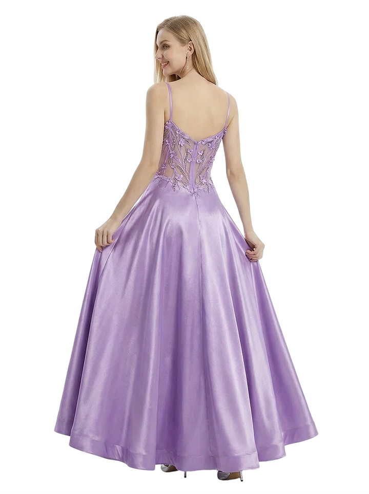 ChicSew Modern Spaghetti Straps Satin Lace See Through A-Line Evening Prom Dresses