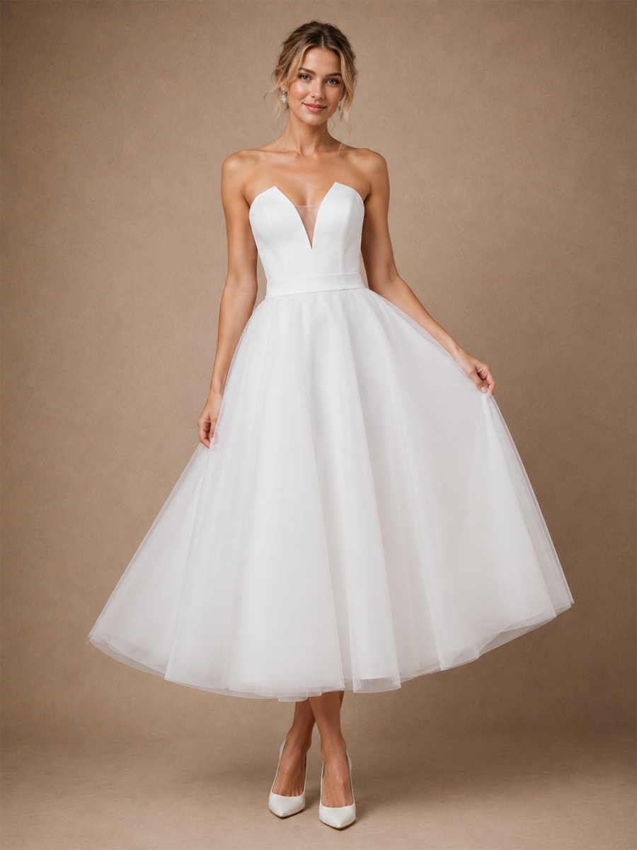 Chicsew Fancy V-Neck Sleeveless A-Line Tea-Length Crepe Tulle Wedding Dress