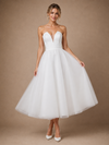 Chicsew Fancy V-Neck Sleeveless A-Line Tea-Length Crepe Tulle Wedding Dress