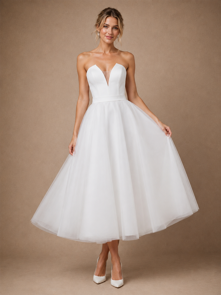 Chicsew Fancy V-Neck Sleeveless A-Line Tea-Length Crepe Tulle Wedding Dress