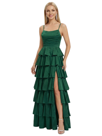 ChicSew Sexy Tiered Ruffle Spaghetti Straps Satin Party Prom Gowns Side Slit