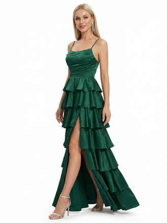 Sexy Spaghetti Strap Tiered Ruffle Prom Dress High Slit Satin A-Line Formal Party Gown
