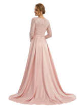 Mother of The Bride Dress Scoop Long Sleeve Sequin Satin Floor-Length Gown Wedding Guest Attire