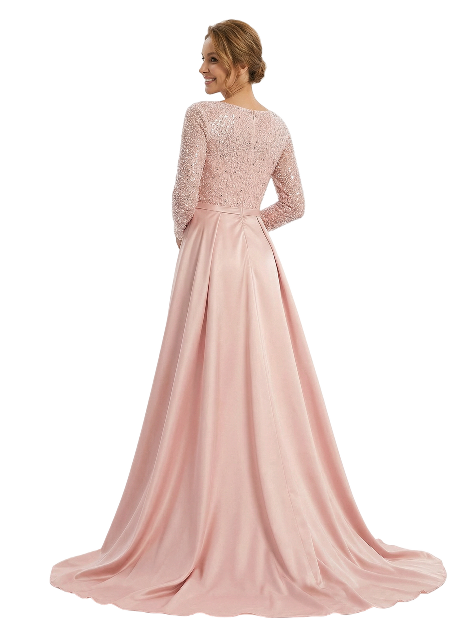 Mother of The Bride Dress Scoop Long Sleeve Sequin Satin Floor-Length Gown Wedding Guest Attire
