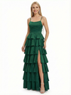 Sexy Spaghetti Strap Tiered Ruffle Prom Dress High Slit Satin A-Line Formal Party Gown
