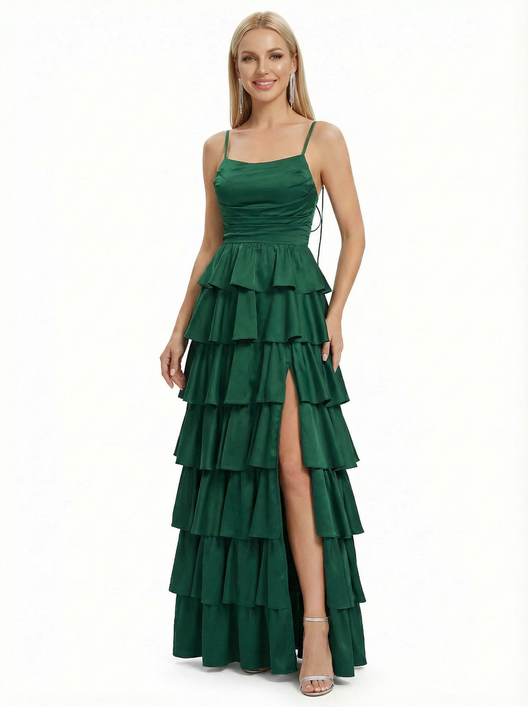 Sexy Spaghetti Strap Tiered Ruffle Prom Dress High Slit Satin A-Line Formal Party Gown