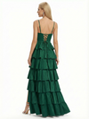 Sexy Spaghetti Strap Tiered Ruffle Prom Dress High Slit Satin A-Line Formal Party Gown