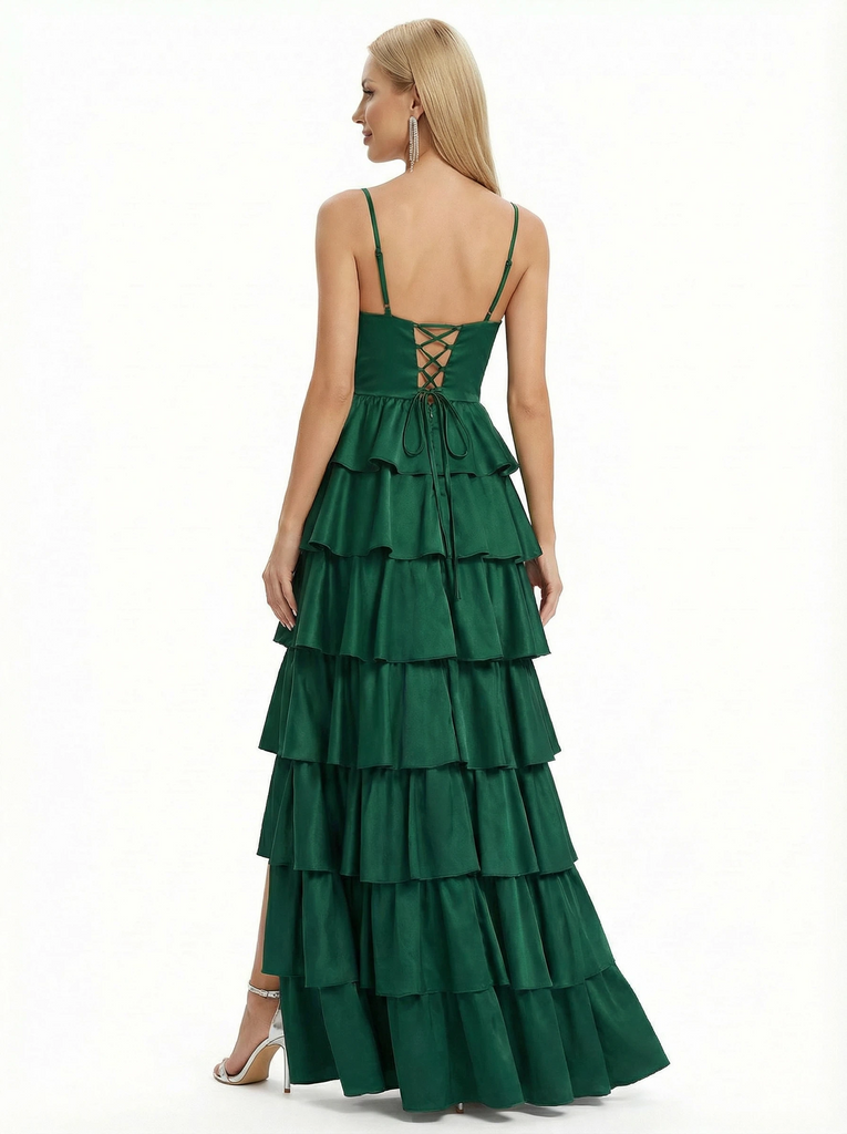 Sexy Spaghetti Strap Tiered Ruffle Prom Dress High Slit Satin A-Line Formal Party Gown