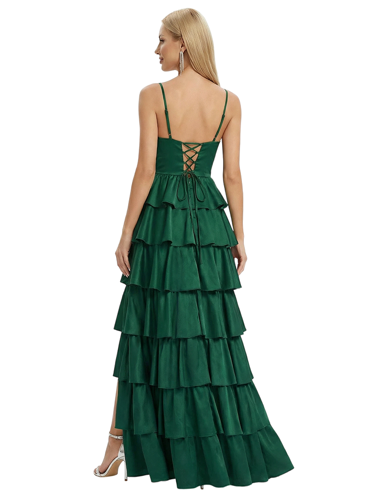 ChicSew Sexy Tiered Ruffle Spaghetti Straps Satin Party Prom Gowns Side Slit