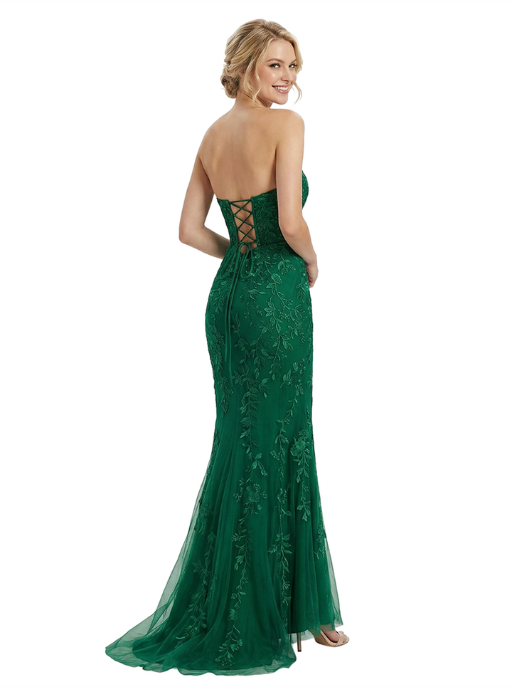 ChicSew Elegant Lace Applique Sweetheart Strapless Corset Mermaid Long Prom Gowns