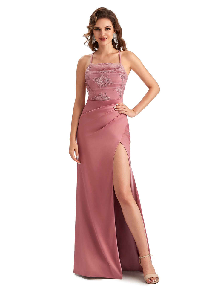 Sexy Side Slit Mermaid Lace Silky Satin Long Wedding Day Guest Dresses