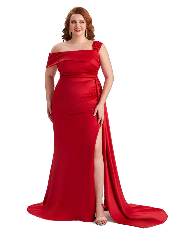 Sexy Side Slit OneShoulder Mermaid Soft Satin Long Plus Size Matron of