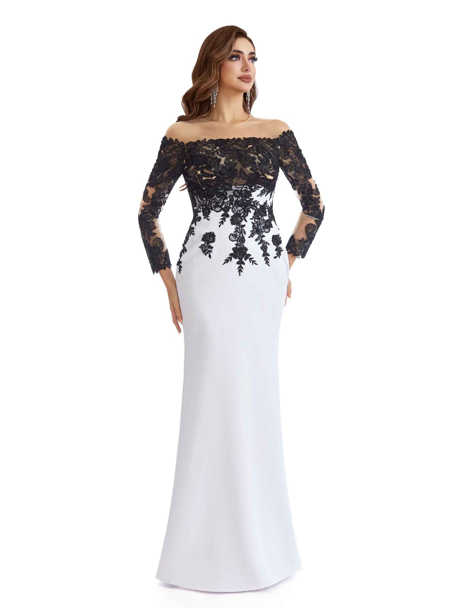 Elegant Bland and White Long Sleeve Round-Neck Floor Length Mother of The Bride Dresses