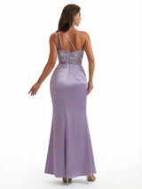 Sexy One Shoulder Side Slit Mermaid Lace Applique Silky Satin Long Formal Dresses