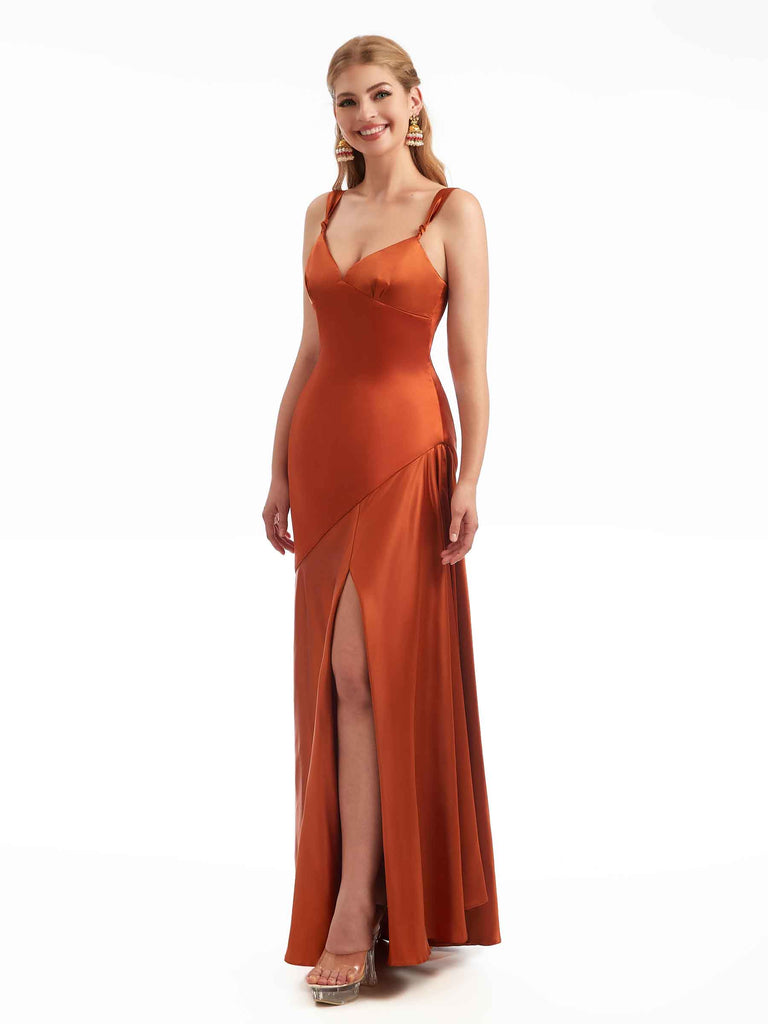 Sexy Soft Satin Side Slit V-Neck Modern Floor Length  Mermaid Bridesmaid Dresses Online