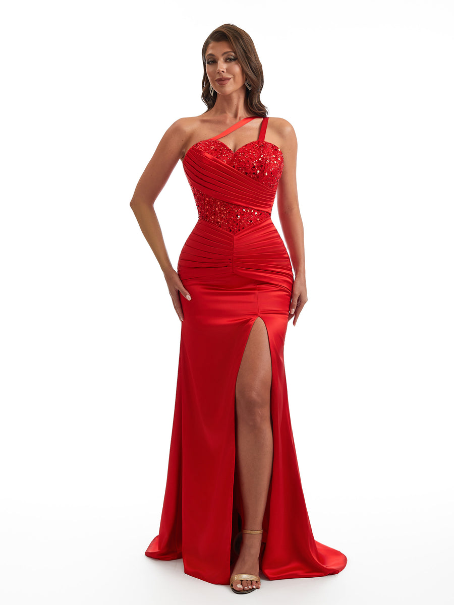 Sexy One Shoulder Side Slit Mermaid Satin Ruched Unique Long Bridesmaid Dresses