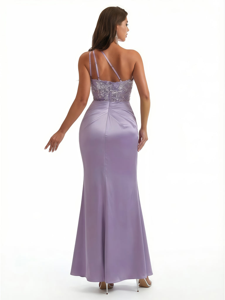 Sexy One Shoulder Side Slit Mermaid Lace Applique Silky Satin Long Formal Dresses