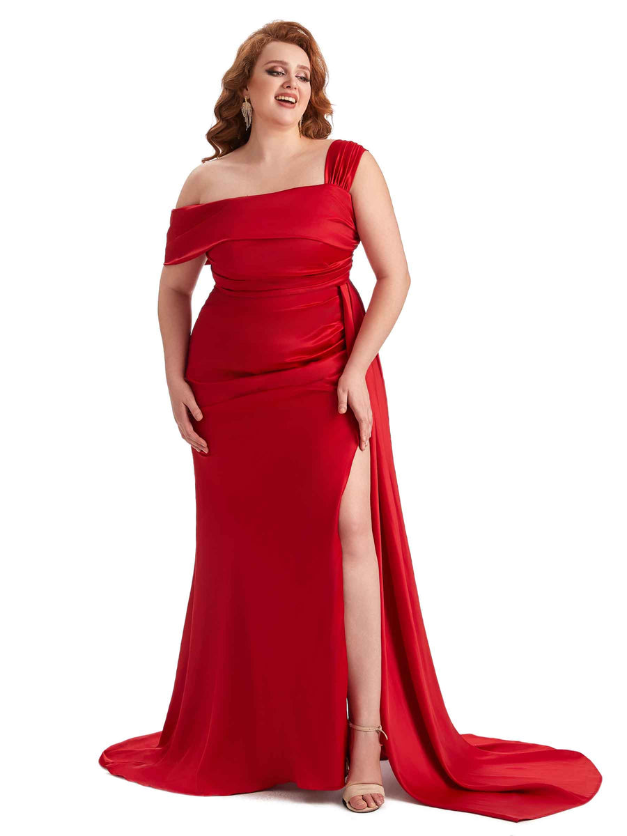 Plus Size Sexy Side Slit One Shoulder Mermaid Soft Satin Long Matron of Honor Dresses