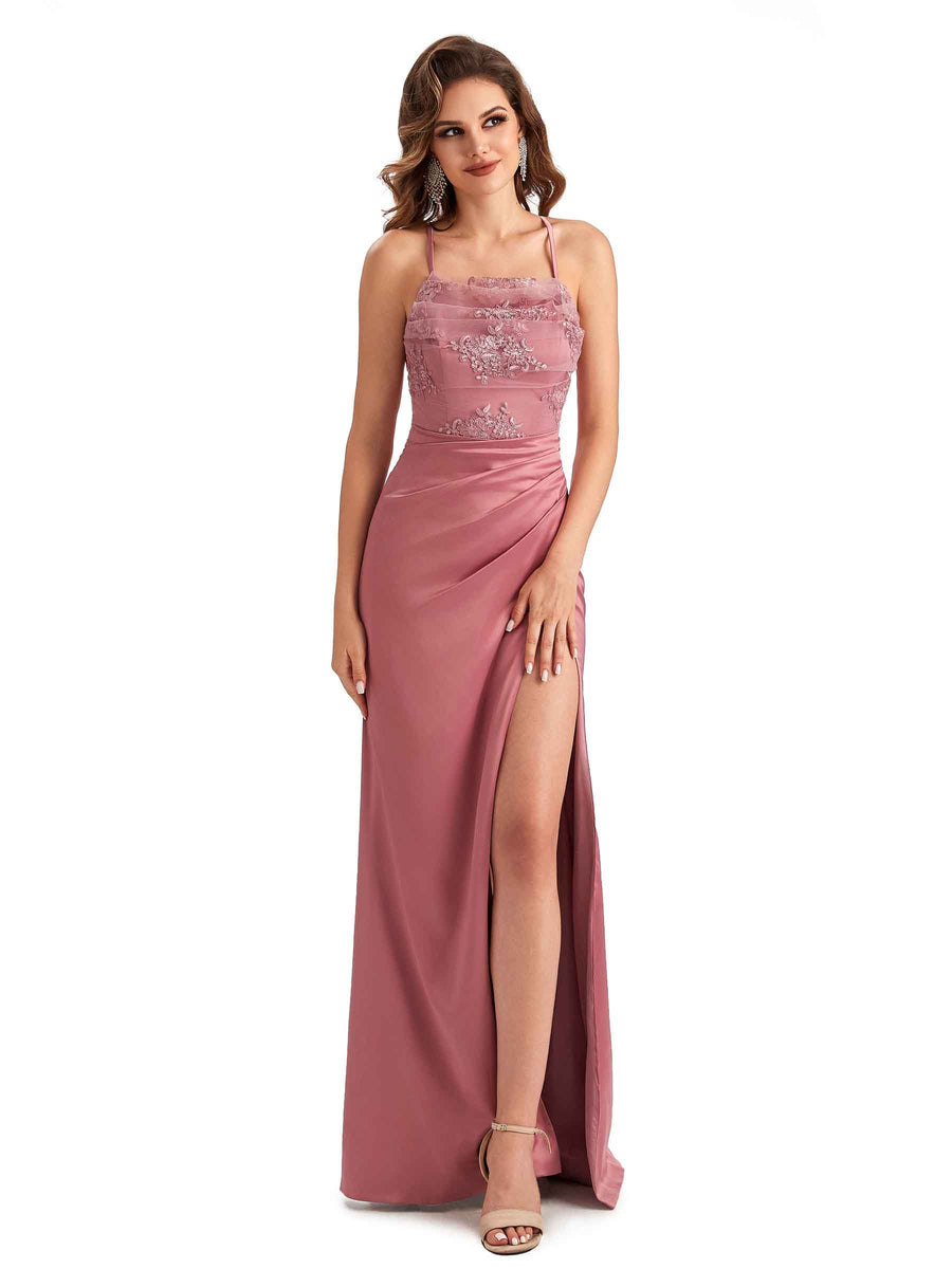 Sexy Side Slit Mermaid Lace Silky Satin Long Wedding Day Guest Dresses