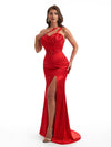 Sexy One Shoulder Side Slit Mermaid Satin Ruched Unique Long Bridesmaid Dresses