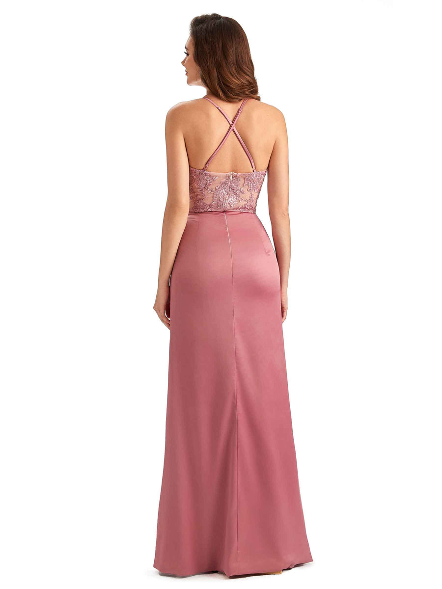 Sexy Side Slit Mermaid Lace Silky Satin Long Wedding Day Guest Dresses