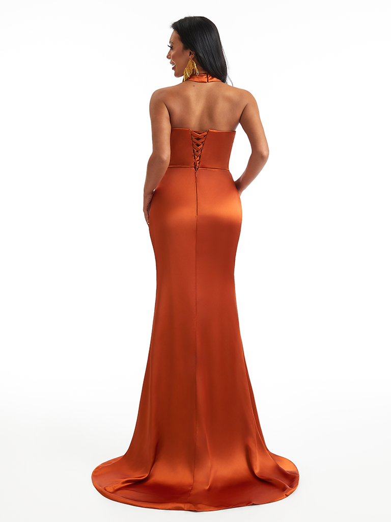Sexy Halter Mermaid Soft Satin Side Slit Long Bridesmaid Dresses Online