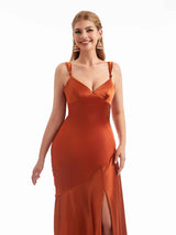 Chic Stretchy Satin Side Split Modern Maxi Mermaid Wedding Guest Dresses