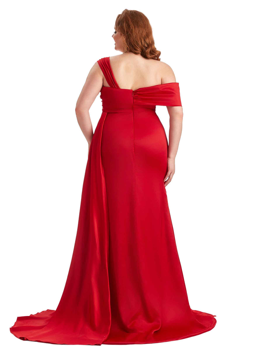 Plus Size Sexy Side Slit One Shoulder Mermaid Soft Satin Long Matron of Honor Dresses
